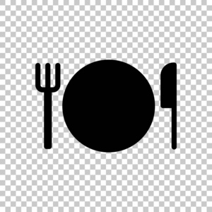 餐具。 板叉和刀图标。 透明背景下的黑色符号