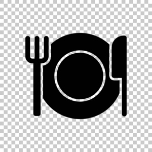 餐具。 板叉和刀。 简单的剪影。 透明背景下的黑色符号