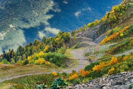 山坡上长满了五颜六色的植物。 山上画着秋天的颜色。 山路和山脉的背景