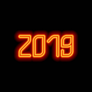 2019年数字图标。 新年快乐。 黑色背景上的橙色霓虹灯风格。 灯图标