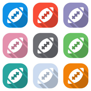 美国足球标志。简单的橄榄球图标。用于应用程序的彩色方块上的一组白色图标。海报无缝及图案