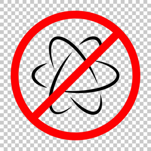 科学原子符号标志简单图标。 不允许带有透明背景的红色警告标志的黑色物体