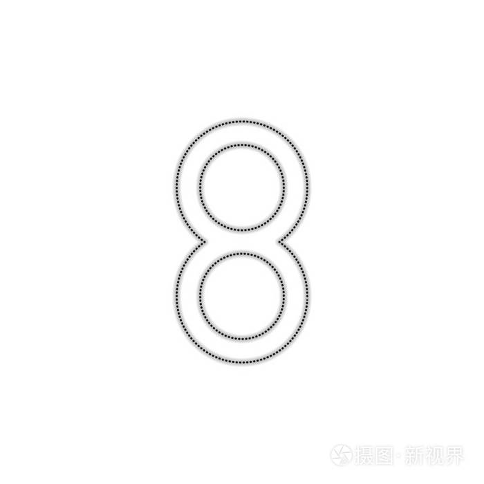 八号数字简单字母. 带有白色背景阴影的虚线轮廓轮廓