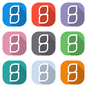 数字8数字第八。 用于应用程序的彩色方块上的一组白色图标。 海报的无缝和图案