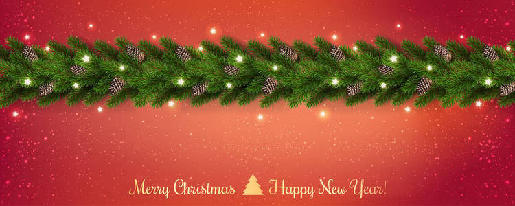 圣诞快乐的文字在红色闪亮的背景与花环的圣诞树树枝雪花星星。 圣诞节和新年卡。 矢量插图