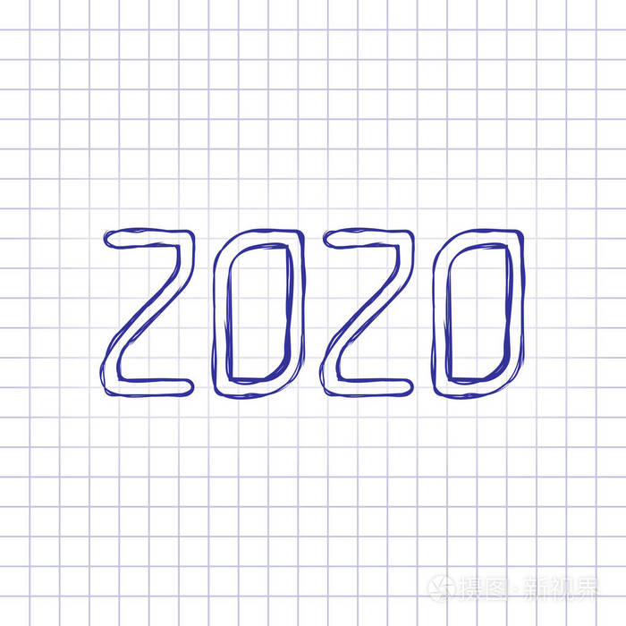 2020年数字图标. 新年快乐. 手绘纸上的图片. 蓝色墨水轮廓素描风格.