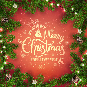 创意框架由圣诞杉木树枝制成。 金色圣诞快乐文字红色背景与灯松果。 圣诞节和新年卡。 矢量插图