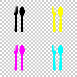 叉子和勺子图标。 厨房工具。 透明背景上彩色CMYK图标集