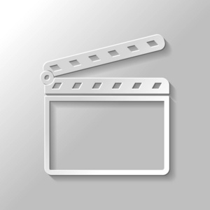 电影拍板电影院开放图标。 带有灰色背景阴影的纸样式