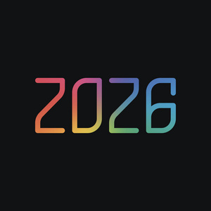 数字图标2026。新年快乐。彩虹色和深色背景