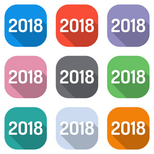 2018年数字图标。新年快乐。用于应用程序的彩色方块上的一组白色图标。海报无缝及图案