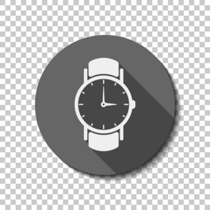 经典的手表与箭头图标。 平图标长阴影圈透明网格。 徽章或贴纸样式