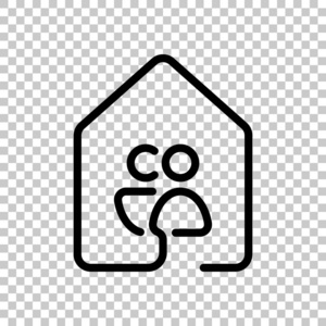 有家庭或夫妇图标的房子。 线条风格。 透明背景下的黑色符号