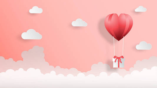 创意情人节背景矢量插图剪纸风格2019颜色趋势。心形气球和粉红色背景的云壁纸，销售报价，网页横幅，海报，传单，传单。