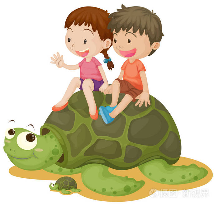 快乐的孩子骑乌龟插图