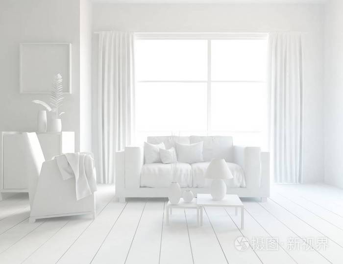 白色房间内部有家具。 斯堪的纳维亚室内设计。 三维插图