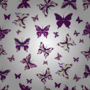 五颜六色的民间矢量无缝图案与蝴蝶。 简单可爱的图案，请柬打印。 白色紫色和黑色背景上的彩色蝴蝶。
