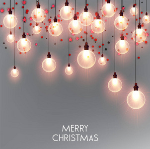 带着闪亮的亮灯泡和红色星星的贺卡，灰色背景下的文字圣诞快乐