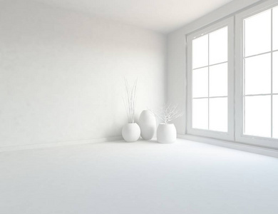 白色房间内部有窗户。斯堪的纳维亚的室内设计。三维插图
