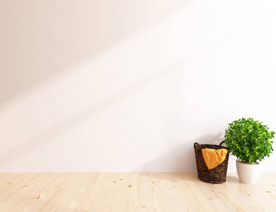 一个白色的空斯堪的纳维亚房间内部与植物在木制地板上的想法。 家北欧内部。 三维插图