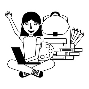 女孩与笔记本电脑背包和书籍教育学校