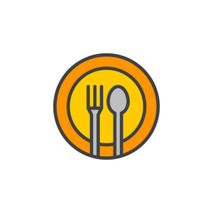 叉勺碟线图标填充轮廓矢量符号线性彩色象形文字隔离在白色上。 餐厅美食广场标志标志