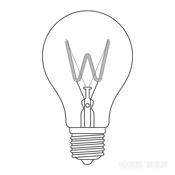 字母w,在字母表中白炽灯泡的轮廓风格黑白隔离在白色背景上插画-正版