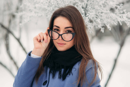 美丽的冬季画像的年轻女子在冬日的雪景。新的一年