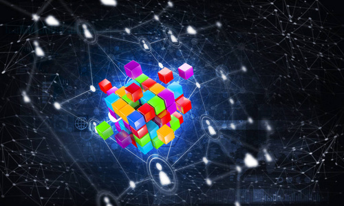 概念背景图像与立方体图形和社会连接线。 3D渲染