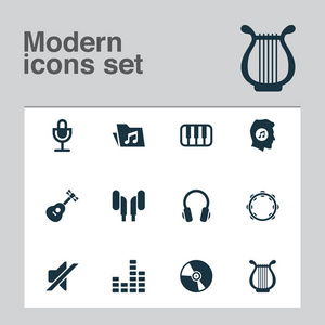 多媒体图标设置与乙烯基, 混频器, 吉他和其他麦克风元素。独立的插图多媒体图标