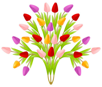 美丽的郁金香花束，以一棵花树的形式，鲜艳的五颜六色，孤立在白色的背景上。 适合于3月8日起登记贺卡的矢量