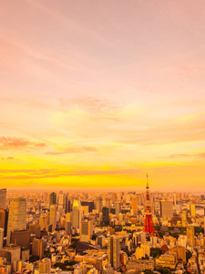 日落时分，日本城市周围建筑和东京大厦的美丽鸟瞰图