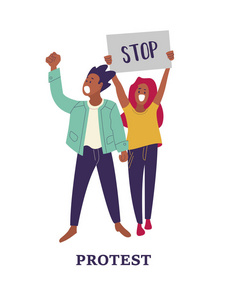 一群男人和女人参加了抗议。 人们拿着海报。 彩色矢量插图。
