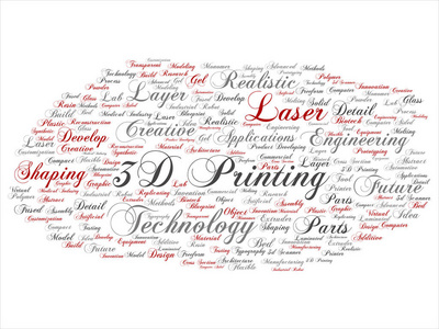 概念或概念3D打印创意激光技术抽象词云隔离背景..工程现实应用未来设备建模或合成文本的拼贴