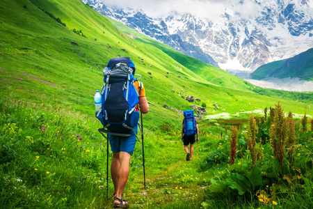 在阿尔卑斯山美丽的草地上, 有几个年轻的旅行者带着背包徒步旅行