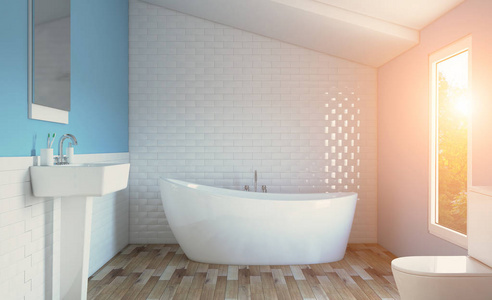 宽敞的浴室，干净，美观，豪华，明亮的房间..3D绘制。日落