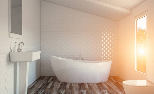 干净清新的浴室，自然光线充足..3D绘制。日落