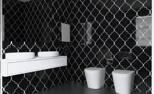 宽敞的浴室，干净，美观，豪华，明亮的房间..3D绘制。
