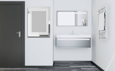 宽敞的灰色浴室配有加热地板独立浴缸。3D绘制。空图片
