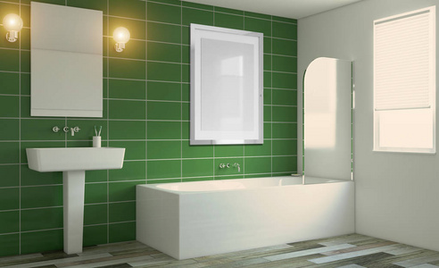 斯堪的纳维亚浴室经典复古室内设计。 三维渲染。 空画。