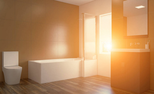 现代浴室，包括浴缸和水槽。 三维渲染。 太阳