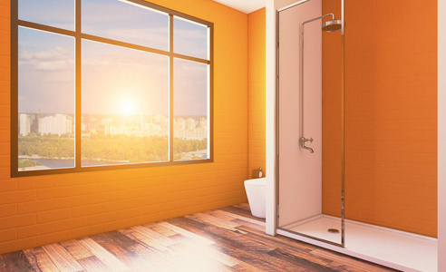 现代浴室室内设计。 三维渲染。日落