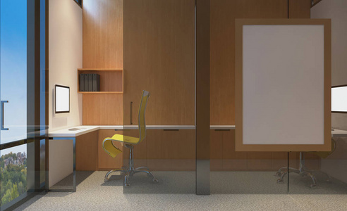 现代空办公柜。 会议室。 三维渲染。 空白的画。 模型。