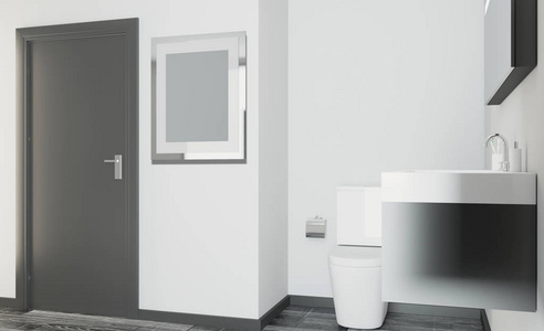 宽敞的浴室灰色色调，加热地板独立浴缸。 三维渲染。 空的，空的