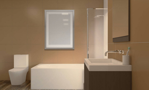 宽敞的浴室干净，漂亮，豪华，明亮的房间。 三维渲染。 空的，空的