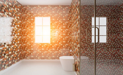 斯堪的纳维亚浴室经典复古室内设计。 三维渲染。日落