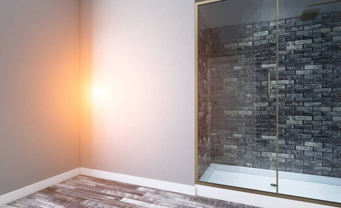 现代空浴室。 三维渲染。 日落