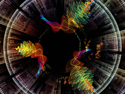波函数系列。 具有视觉吸引力的背景，由彩色正弦振动光线和分形元素组成，适用于声音均衡器音乐谱和量子概率的布局