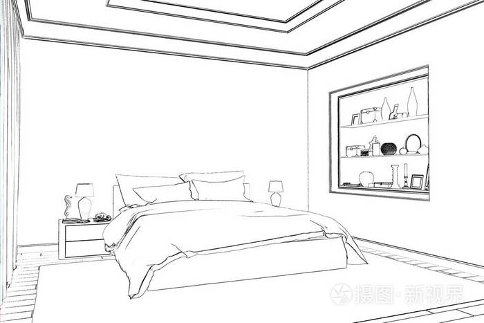 三维插图 卧室的草图