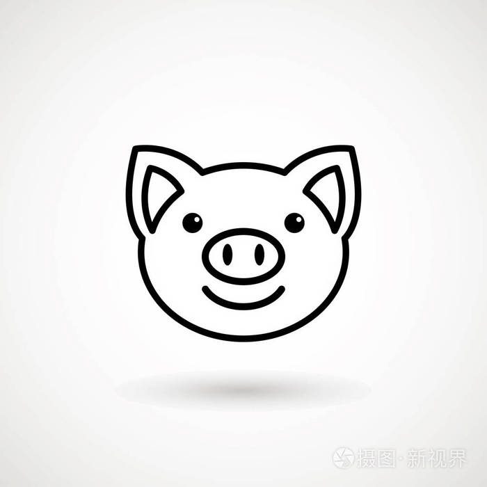 标志小猪脸与微笑的轮廓风格. 卡通猪头图标微笑. 中国新年2019生肖.